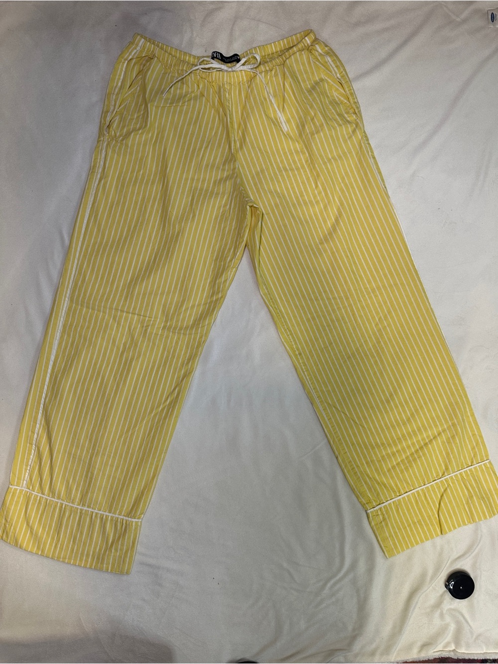 Zara Yellow & White Striped Wide Leg Drawstring Pants Size Small